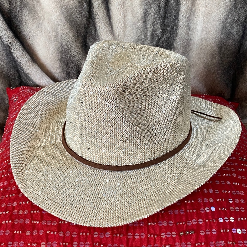 Designer Sparkling Nude Color Nude Sequins Cowboy Hat Adjustable Rim Interior - Picture 12 of 16